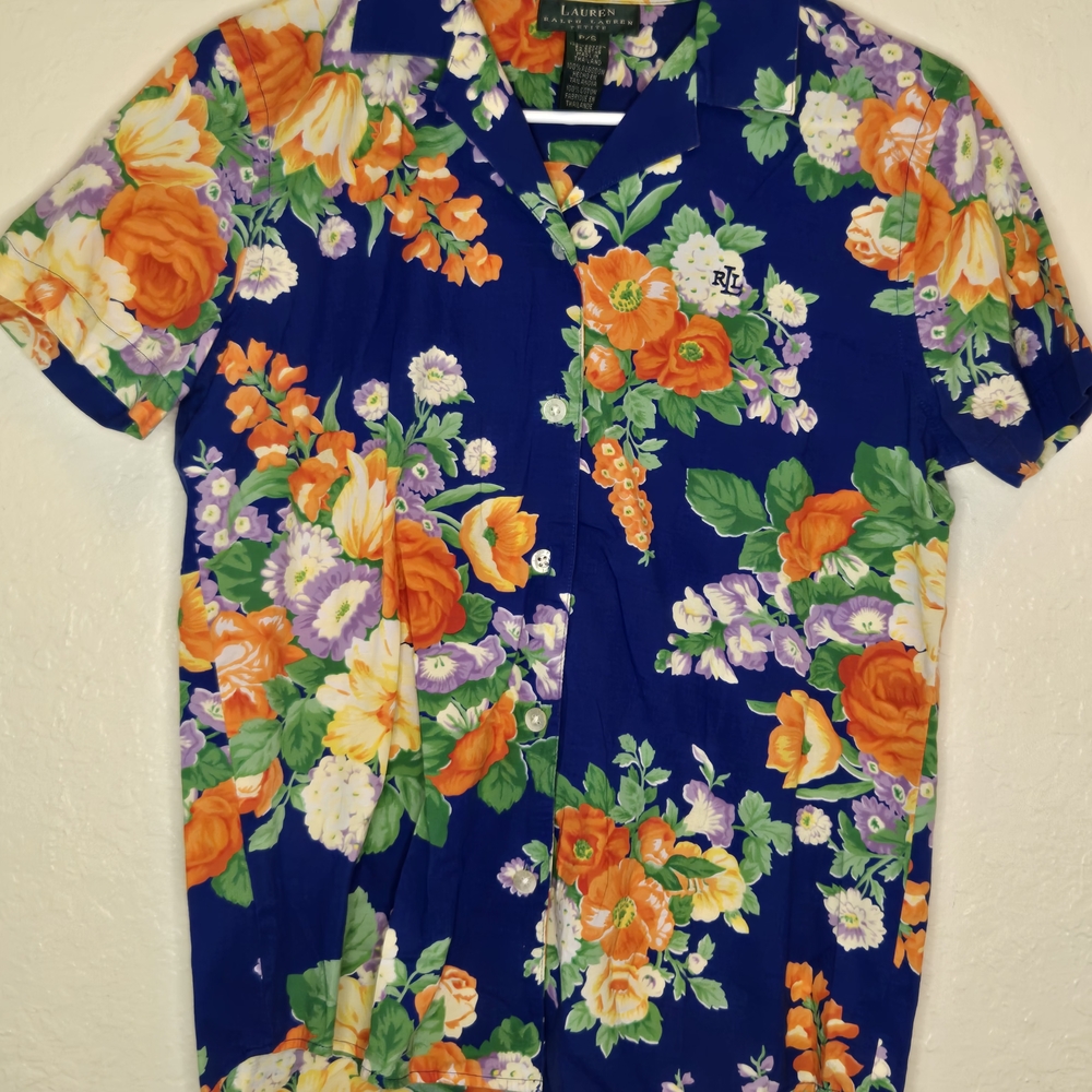 Ralph Lauren Navy Blue Orange Floral Button-Down Shirt